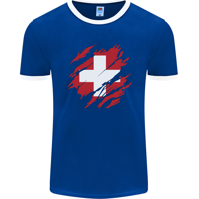 Torn Switzerland Flag Swiss Day Football Mens Ringer T-Shirt FotL Royal Blue/White