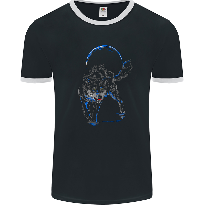 Abstract Wolf With the Moon Werewolf Lycan Mens Ringer T-Shirt FotL Black/White
