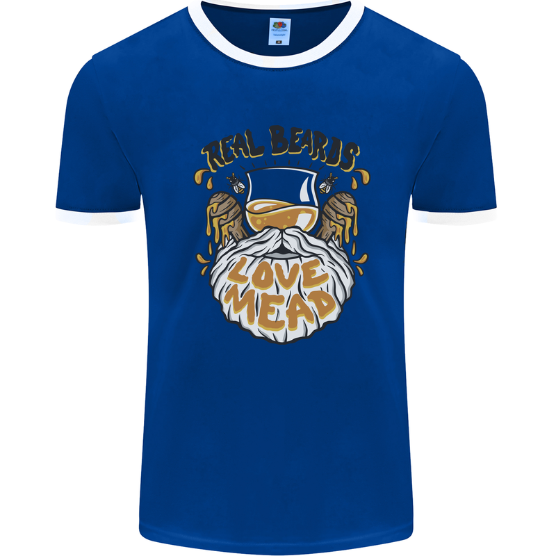 Real Beards Love Mead Funny Beer Alcohol Mens Ringer T-Shirt Royal Blue/White