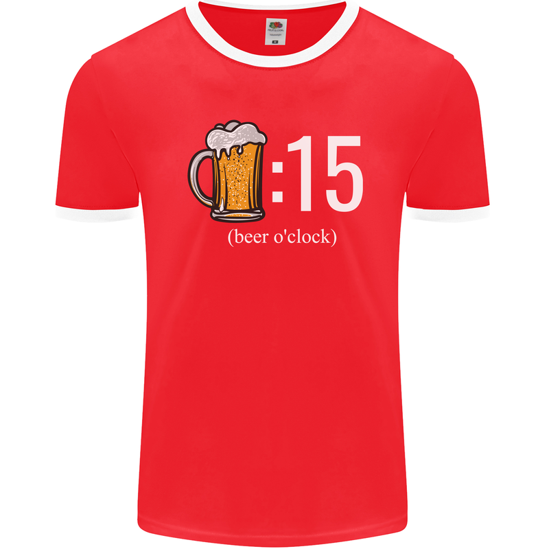 Beer O'Clock Funny Alcohol Mens Ringer T-Shirt FotL Red/White