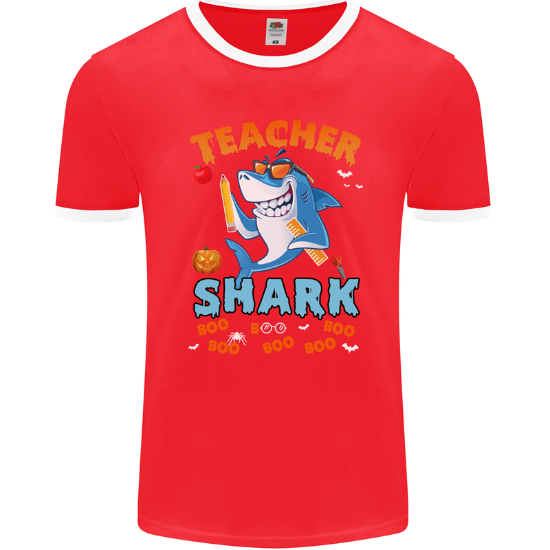 Teacher Shark Funny Teaching Halloween Mens Ringer T-Shirt FotL Red/White