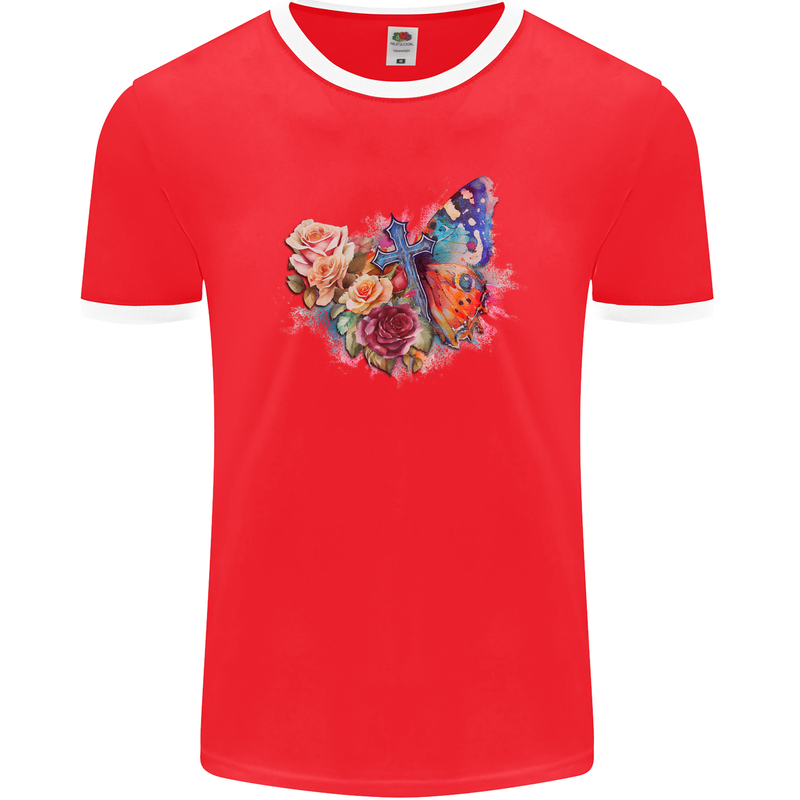 Christian Cross & Butterfly With Flowers Mens Ringer T-Shirt FotL Red/White