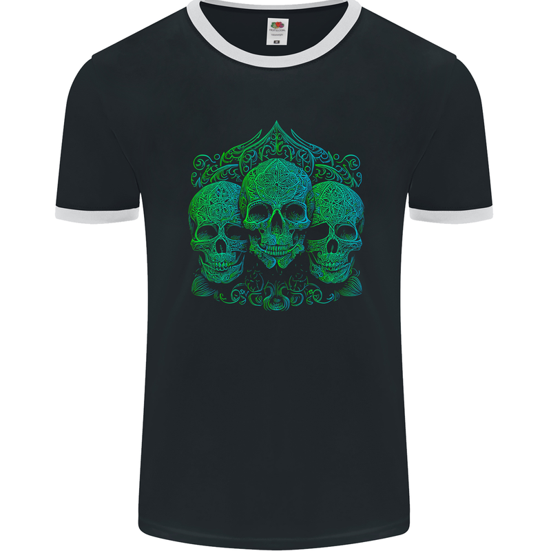 3 Ornate Green Skulls Gothic Goth Mens Ringer T-Shirt FotL Black/White