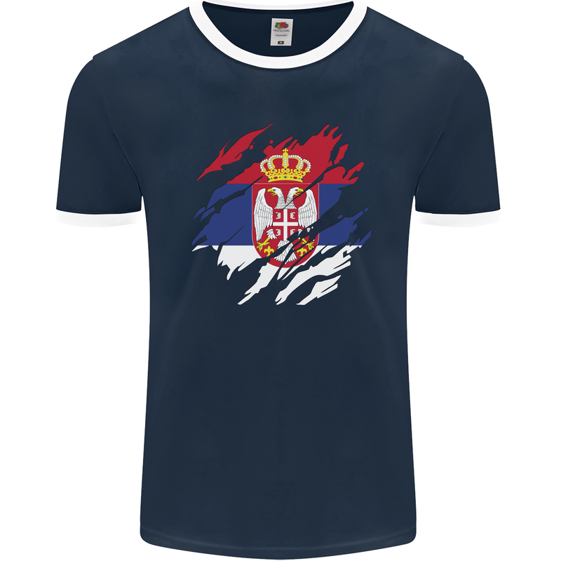 Torn Serbia Flag Serbia Day Football Mens Ringer T-Shirt FotL Navy Blue/White