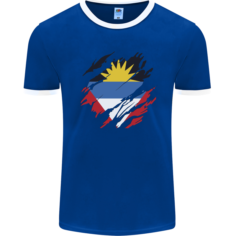 Torn Antigua and Barbuda Flag Day Football Mens Ringer T-Shirt FotL Royal Blue/White