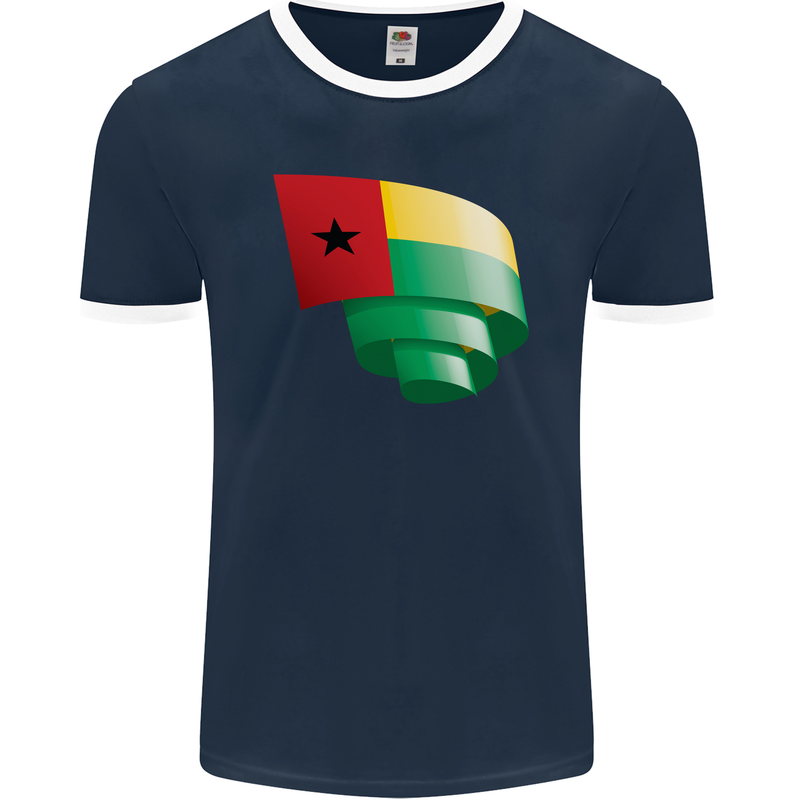 Curled Guinea-Bissau Flag Day Football Mens Ringer T-Shirt FotL Navy Blue/White