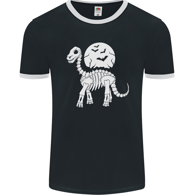 A Dinosaur Skeleton With a Full Moon Halloween Mens Ringer T-Shirt FotL Black/White