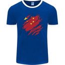 Torn China Flag Chinese Day Football Mens Ringer T-Shirt FotL Royal Blue/White