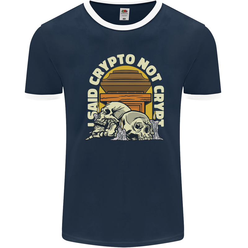 Crypto Not Crypt Funny Cryptocurrency Skulls Mens Ringer T-Shirt FotL Navy Blue/White
