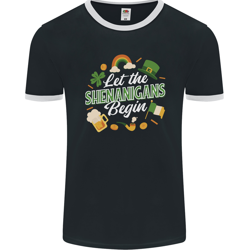 St Patricks Day Let the Shenanigans Begin Mens Ringer T-Shirt FotL Black/White