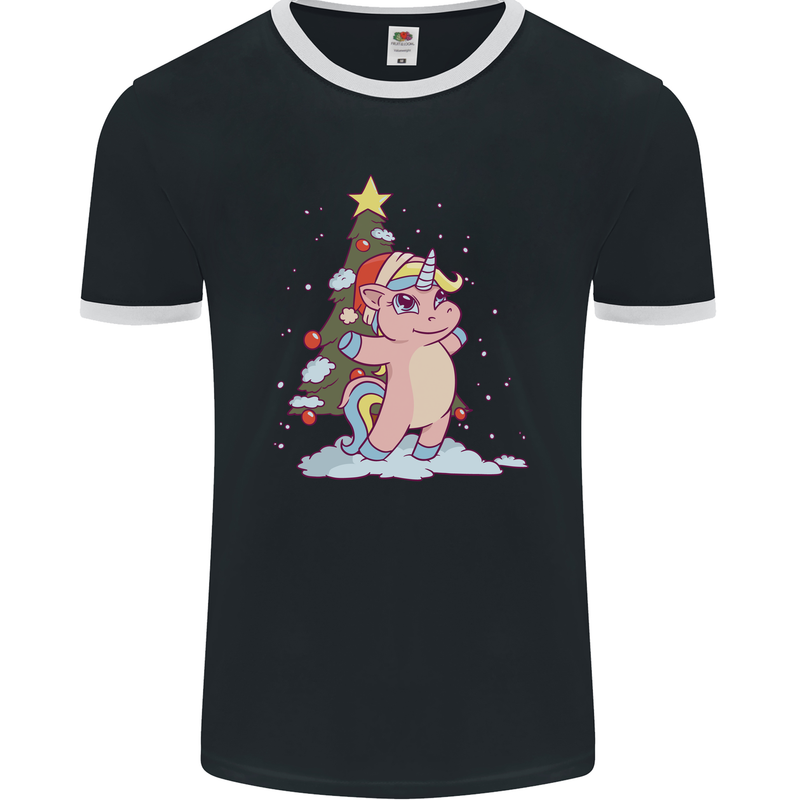 Xmas Unicorn Christmas Tree Mens Ringer T-Shirt FotL Black/White