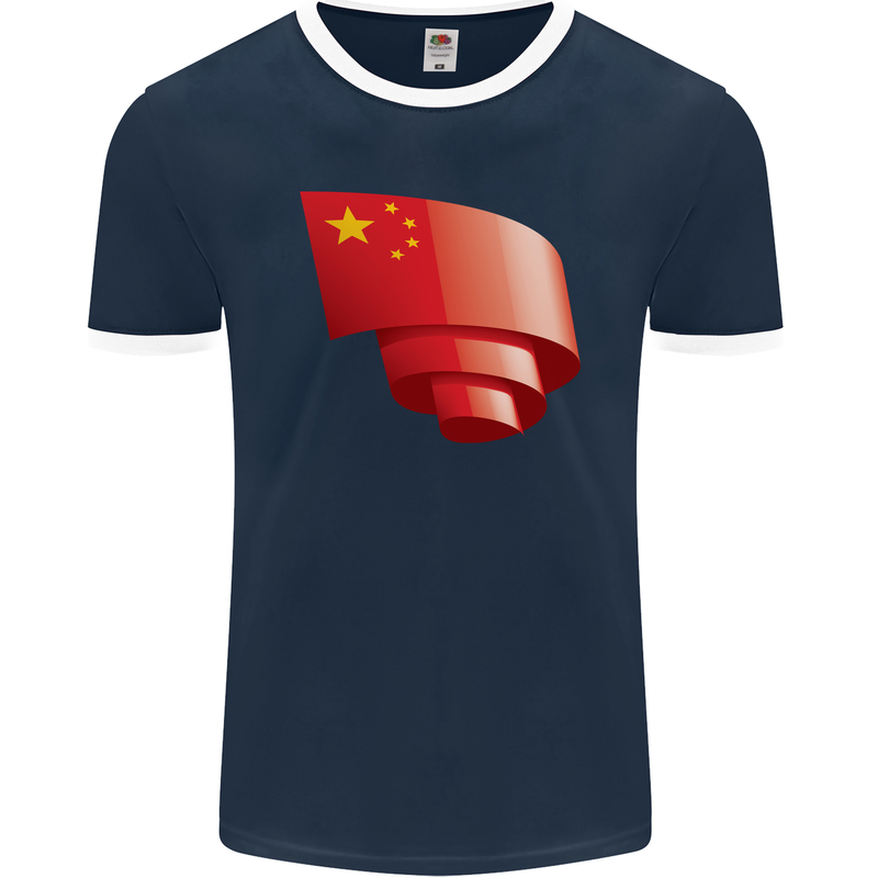 Curled China Flag Chinese Day Football Mens Ringer T-Shirt FotL Navy Blue/White