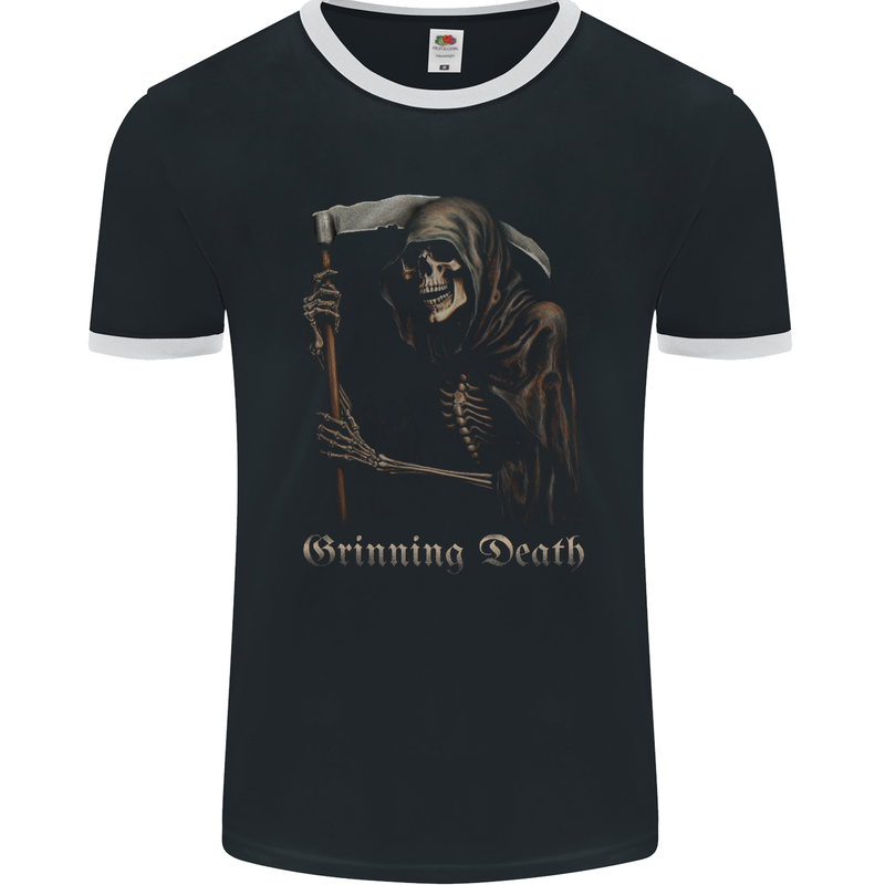 Grinning Death Grim Reaper Gothic Heavy Metal Skull Mens Ringer T-Shirt FotL Black/White