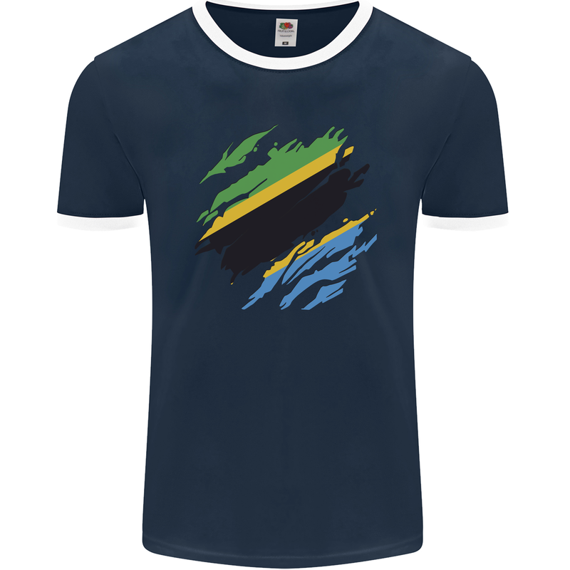 Torn Tanzania Flag Tanzanian Day Football Mens Ringer T-Shirt FotL Navy Blue/White