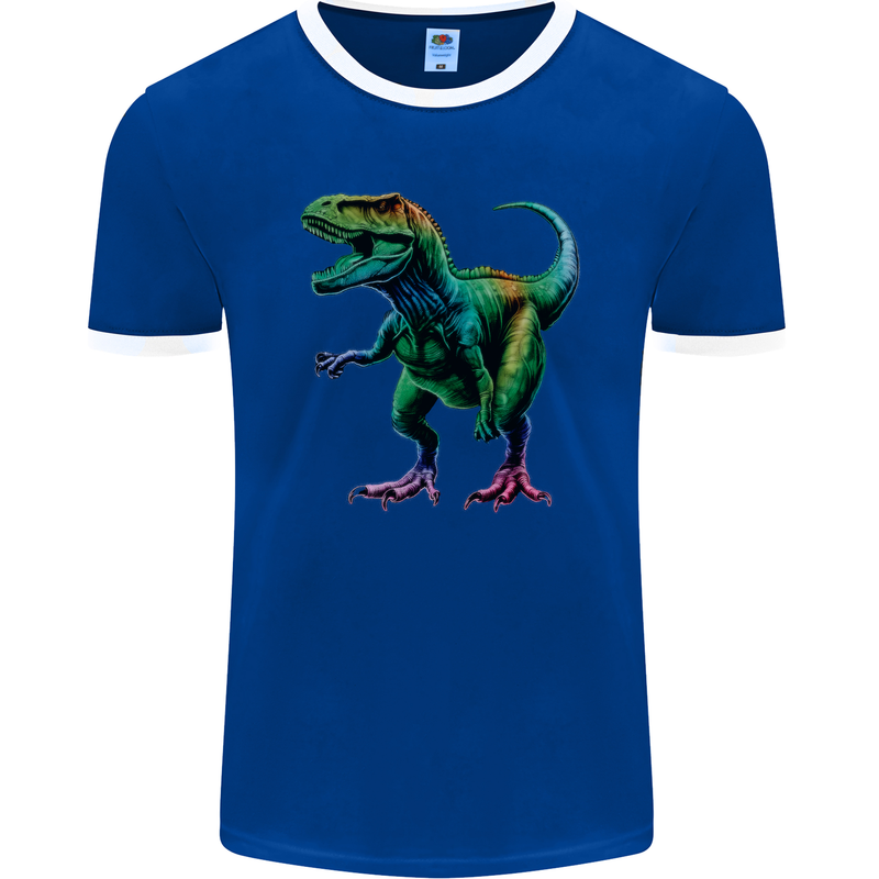 Colourful T-Rex Dinosaur Mens Ringer T-Shirt FotL Royal Blue/White