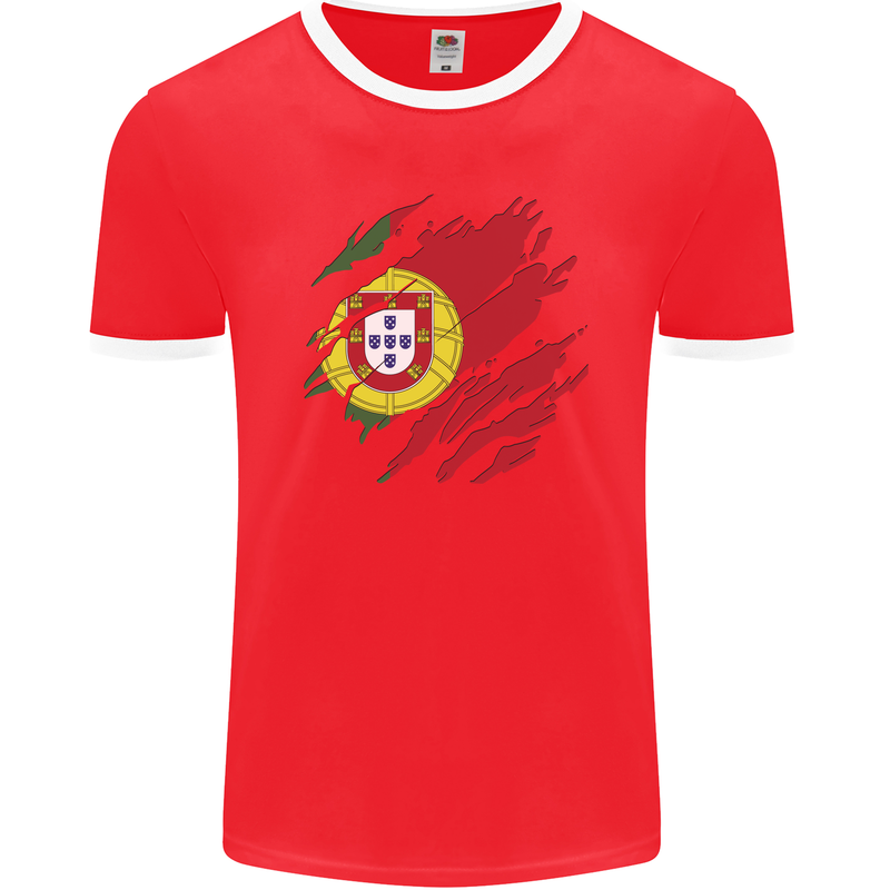 Torn Portugal Flag Portugese Day Football Mens Ringer T-Shirt FotL Red/White