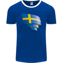 Curled Swedish Flag Sweden Day Football Mens Ringer T-Shirt FotL Royal Blue/White
