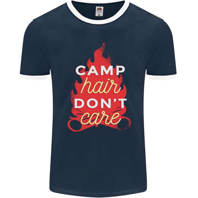 Funny Camping Camp Hair Dont Care Caravan Mens Ringer T-Shirt FotL Navy Blue/White