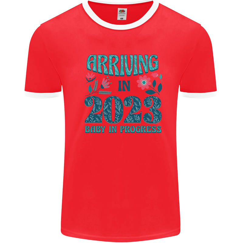 Arriving 2023 New Baby Pregnancy Pregnant Mens Ringer T-Shirt Red/White