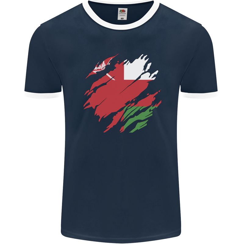 Torn Oman Flag Omani Day Football Mens Ringer T-Shirt FotL Navy Blue/White