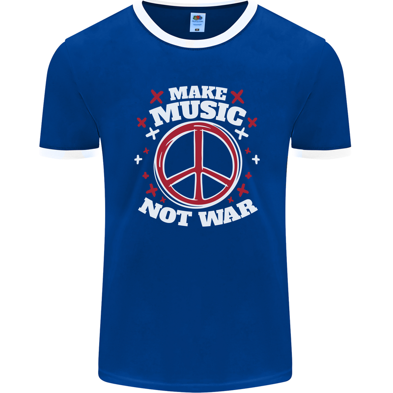 Make Music Not War Peace Hippy Rock Anti-war Mens Ringer T-Shirt FotL Royal Blue/White