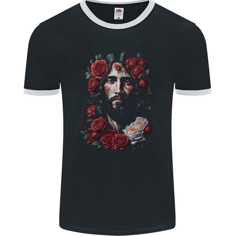 Jesus Christ With Roses Mens Ringer T-Shirt FotL Black/White