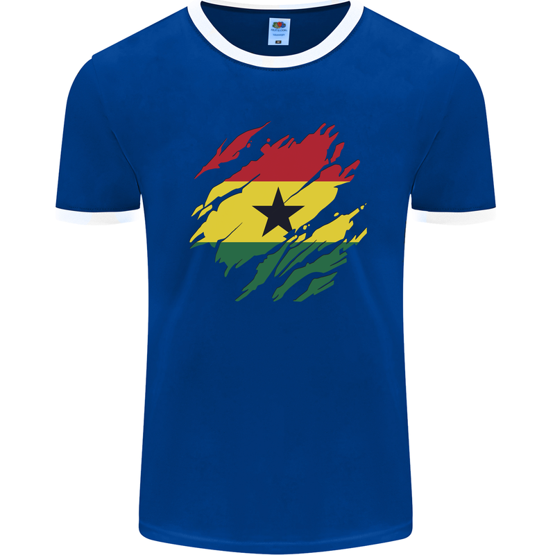 Torn Ghana Flag Ghanaian Day Football Mens Ringer T-Shirt FotL Royal Blue/White