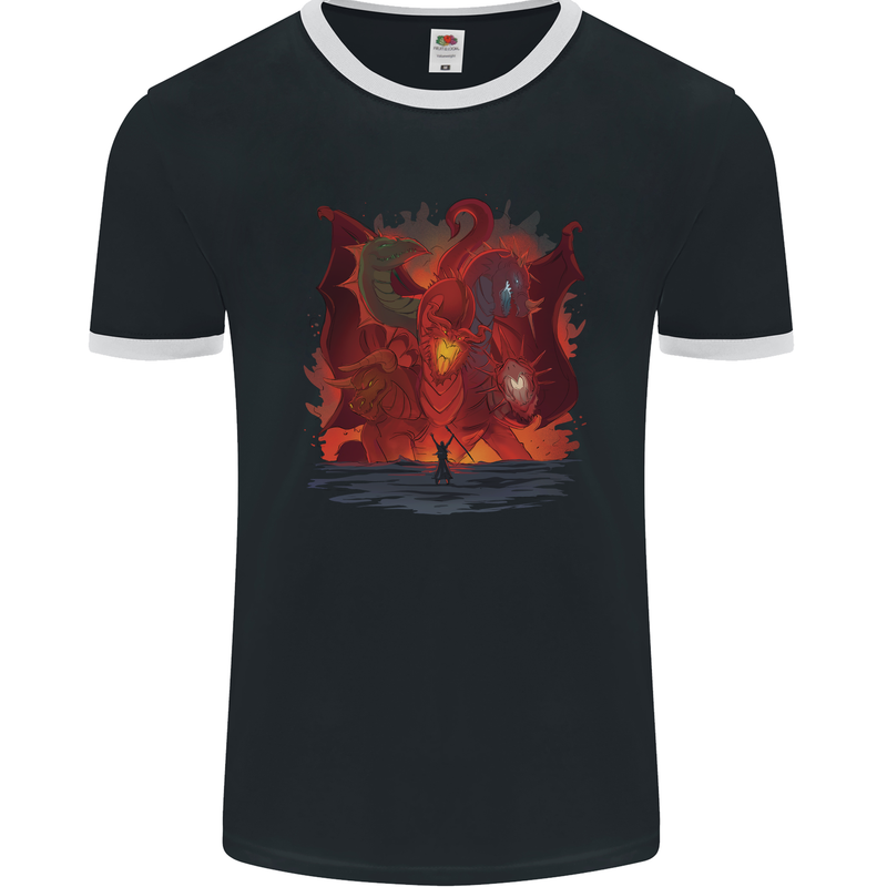 Three Headed Dragon Fantasy Mens Ringer T-Shirt FotL Black/White