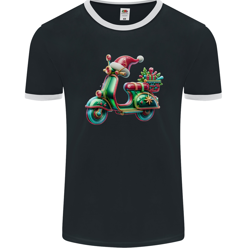 Scooter Christmas Hat MOD Moped Xmas Mens Ringer T-Shirt FotL Black/White
