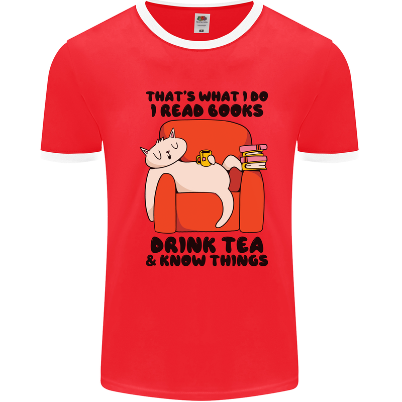 I Drink Tea and Know Things Funny Cat Mens Ringer T-Shirt Red/White