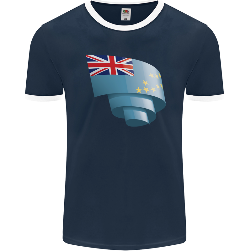 Curled Tuvalu Flag Tuvaluan Day Football Mens Ringer T-Shirt FotL Navy Blue/White