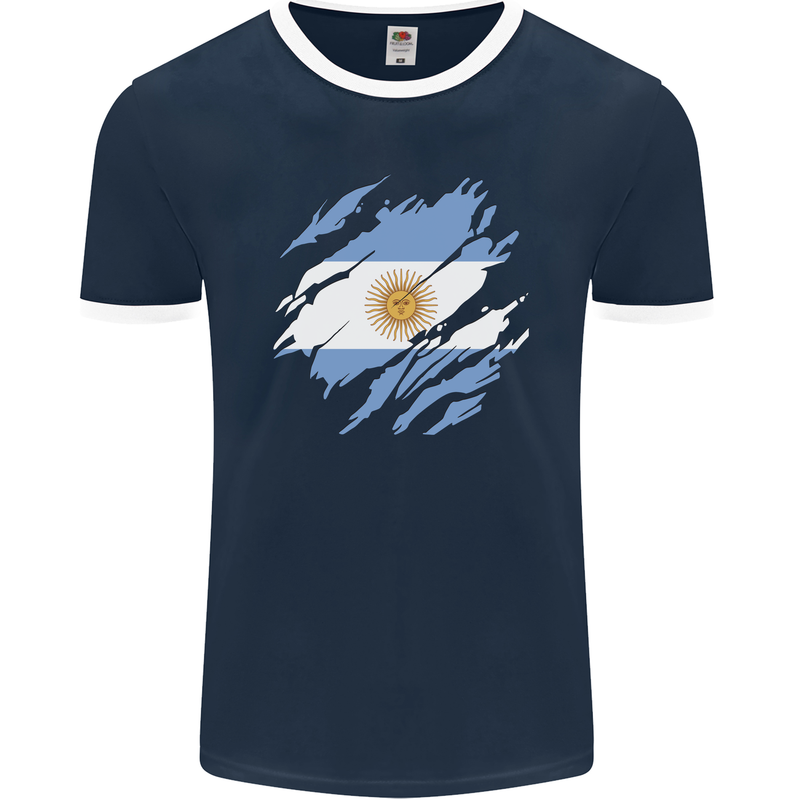 Torn Argentina Flag Argentinian Day Football Mens Ringer T-Shirt FotL Navy Blue/White