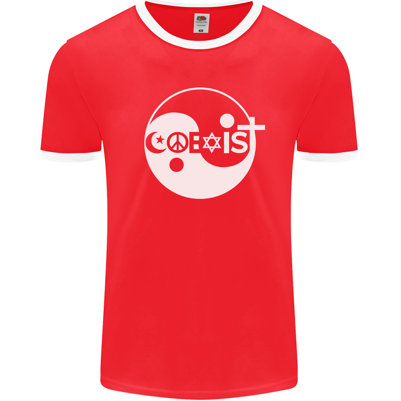 Coexist World Peace Love Religion Hippy Anti War Mens Ringer T-Shirt FotL Red/White