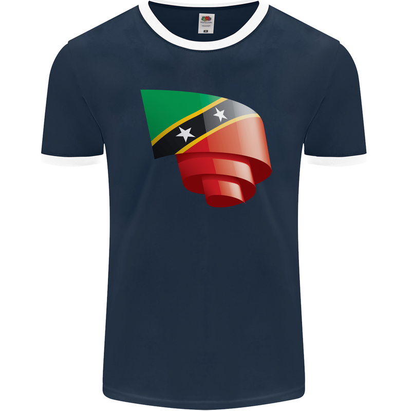 Curled Saint Kitts and Nevis Flag Day Football Mens Ringer T-Shirt FotL Navy Blue/White