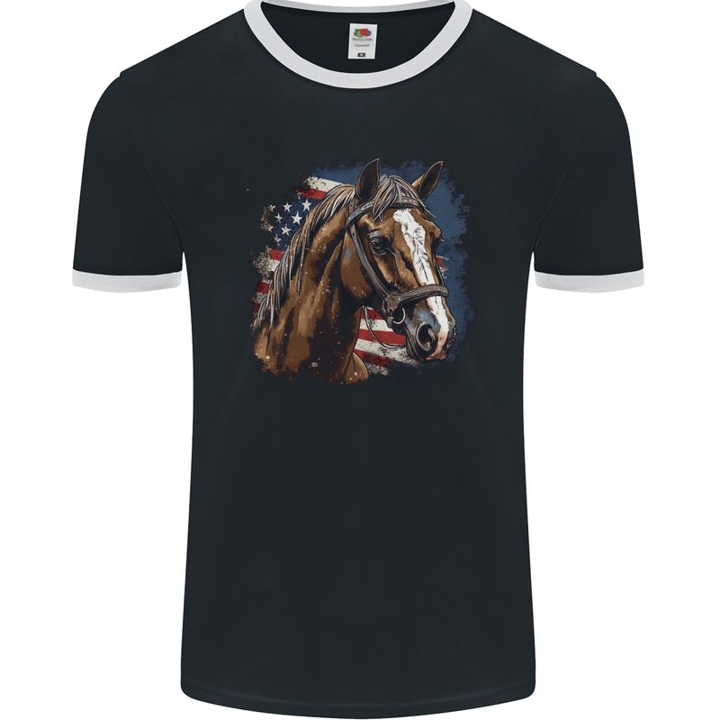 Equestrian Horse Riding USA Flag Cowboy Mens Ringer T-Shirt FotL Black/White