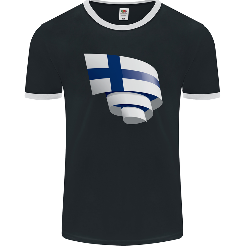 Curled Finland Flag Finnish Day Football Mens Ringer T-Shirt FotL Black/White