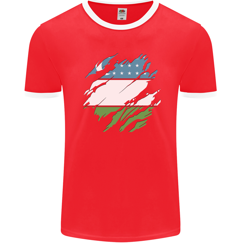 Torn Uzbekistan Flag Ukbek Day Football Mens Ringer T-Shirt FotL Red/White