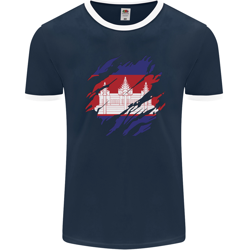 Torn Cambodia Flag Cambodian Day Football Mens Ringer T-Shirt FotL Navy Blue/White