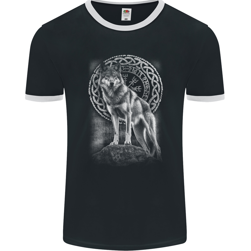 Nordic Wolf Viking Mens Ringer T-Shirt FotL Black/White