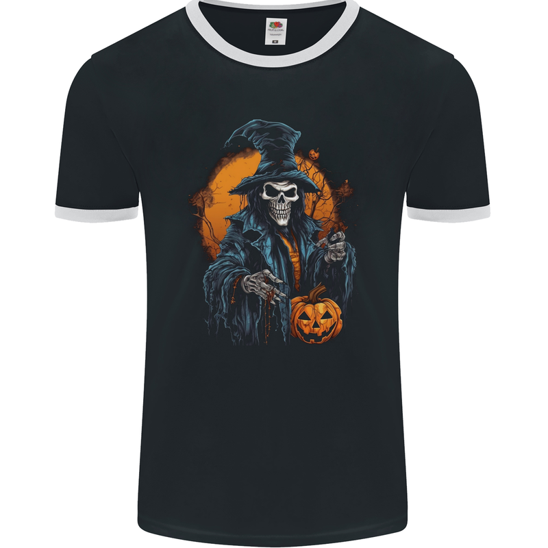 Halloween Wizard Witch With a Pumpkin Skull Mens Ringer T-Shirt FotL Black/White