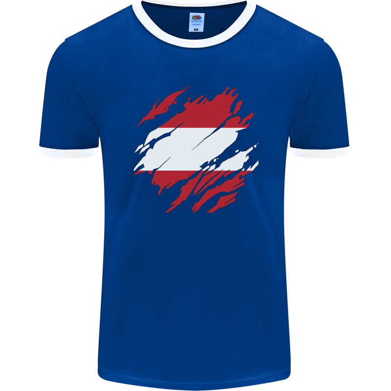 Torn Austria Flag Austrian Day Football Mens Ringer T-Shirt FotL Royal Blue/White