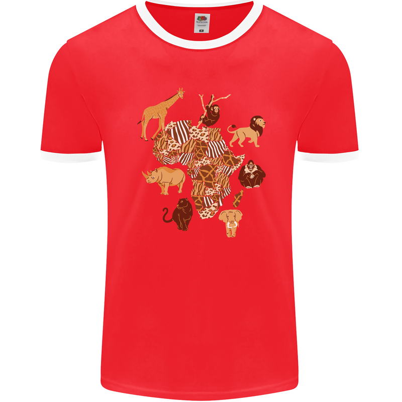 Africa Wildlife Map Giraffe Rhino Ape Elephant Lion Mens Ringer T-Shirt FotL Red/White