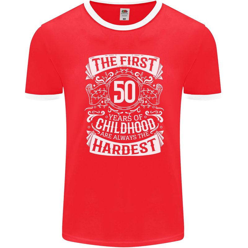 First 50 Years of Childhood Funny 50th Birthday Mens Ringer T-Shirt FotL Red/White