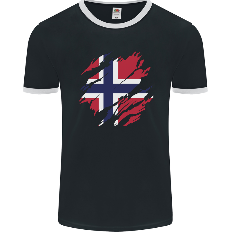 Torn Norway Flag Norwegian Day Football Mens Ringer T-Shirt FotL Black/White