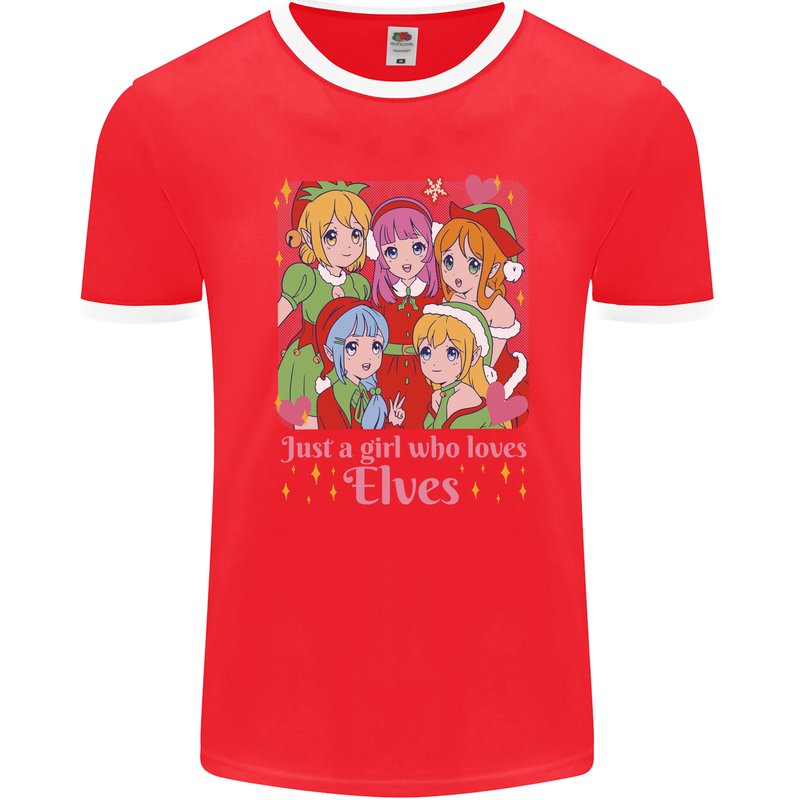 A Girl Who Loves Elves Christmas Anime Xmas Mens Ringer T-Shirt FotL Red/White