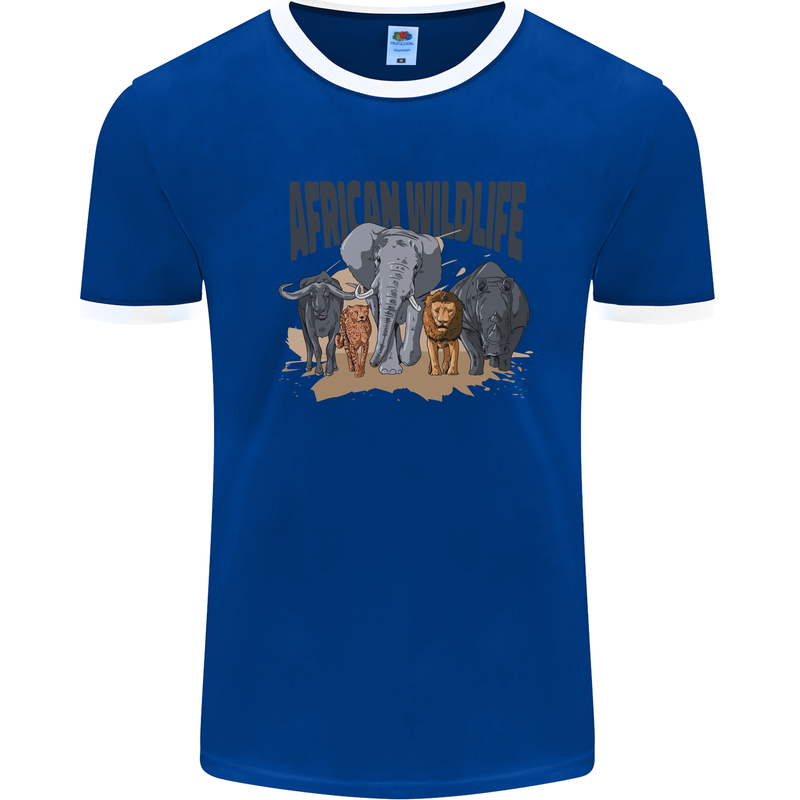 African Wildlife Elephant Lion Rhino Safari Mens Ringer T-Shirt Royal Blue/White