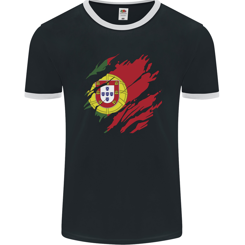 Torn Portugal Flag Portugese Day Football Mens Ringer T-Shirt FotL Black/White