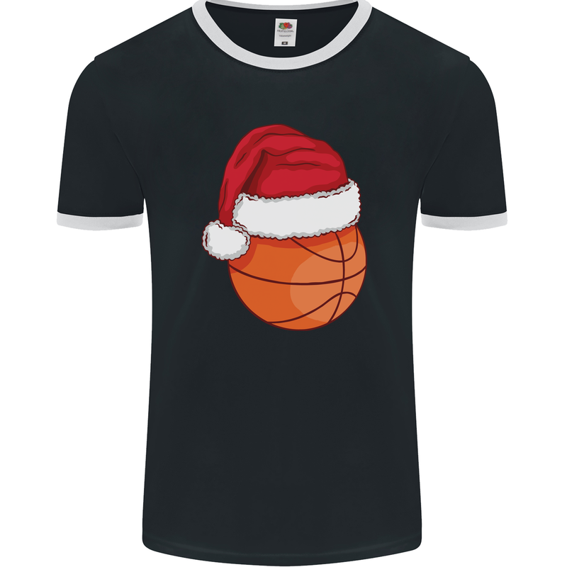 A Basketball Wearing a Christmas Hat Xmas Mens Ringer T-Shirt FotL Black/White