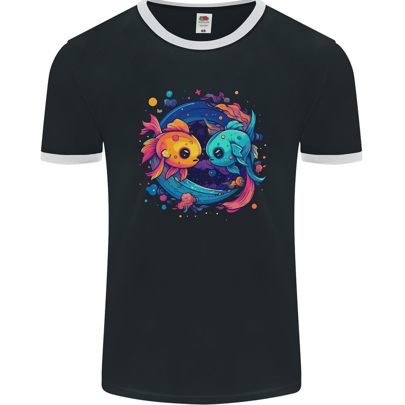 Colourful Kawaii Pisces Star Sign Zodiac Fish Mens Ringer T-Shirt FotL Black/White