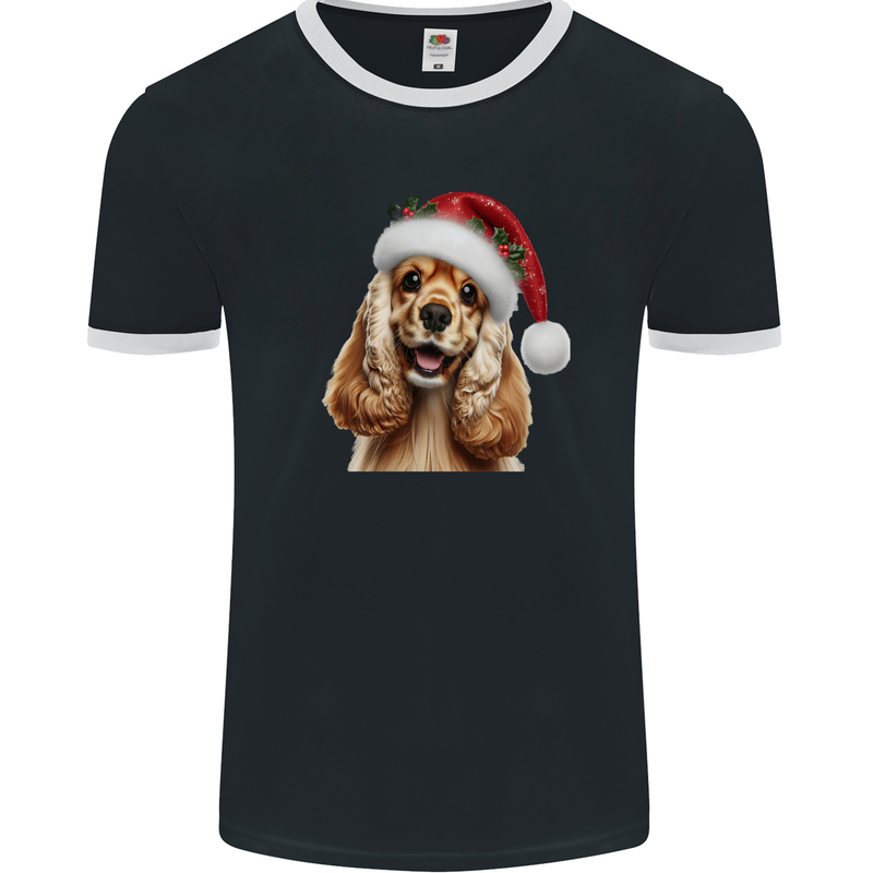 Christmas Cocker Spaniel Xmas Hat Dog Mens Ringer T-Shirt FotL Black/White